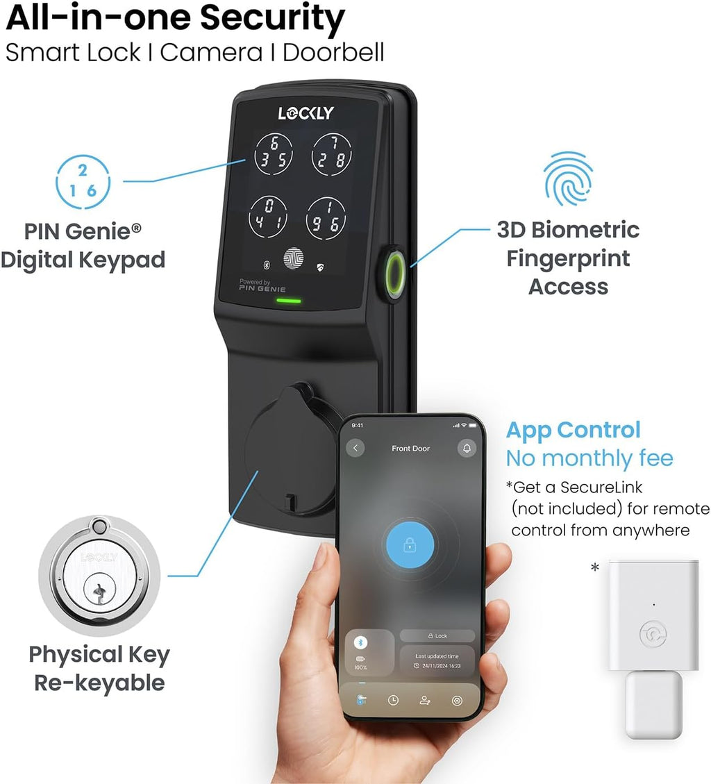 Lockly Secure Plus, Keyless Entry Door Lock, Smart Locks for Front Door, Smart Lock Deadbolt, PIN Genie® Keypad, 3D Biometric Fingerprint Sensor, Auto Lock Smart Door Lock