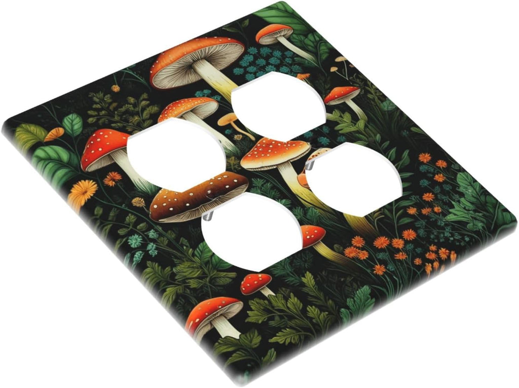 Decorative Outlet Covers Red Mushroom Flowers Green Leaf Plants 2 Gang Wall Plate Double Duplex Light Switch Cover Switch Plate Covers Faceplate for Bedroom Home Decor