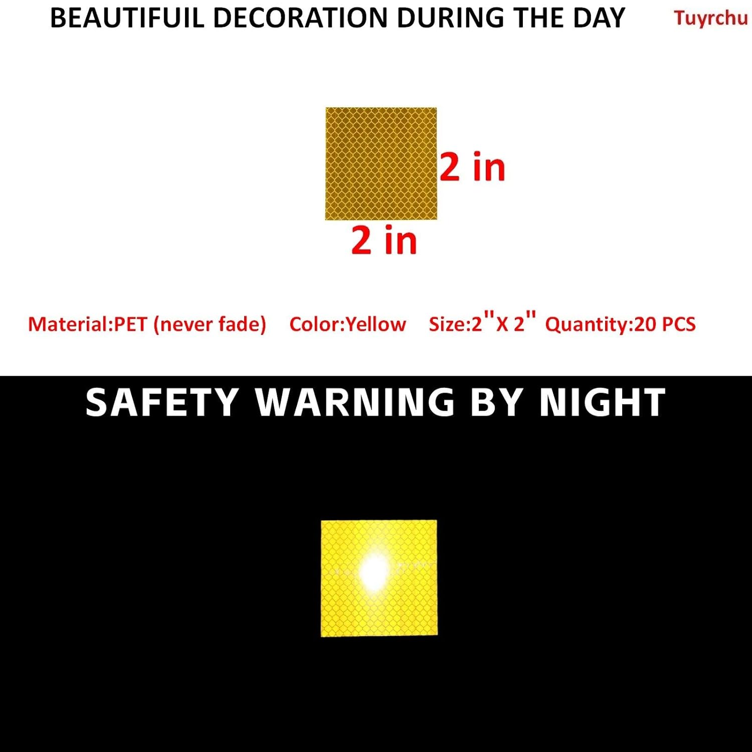 Non Fading Yellow Reflective Stickers 2 inch X 2 inch, Outdoor Waterproof High Visibility Warning Safety Adhesive Reflector Tape (20 Pcs)
