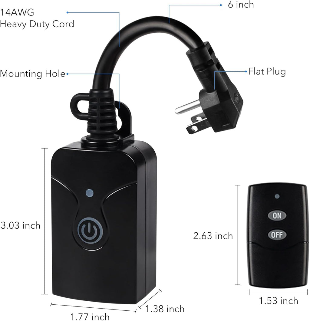 HBN Outdoor Indoor Wireless Remote Control 3-Prong Outlet Weatherproof Heavy Duty 15 A Compact 1 Remote 1 Outlet with Remote 6-inch Cord 100ft Range ETL Listed (Battery Included)