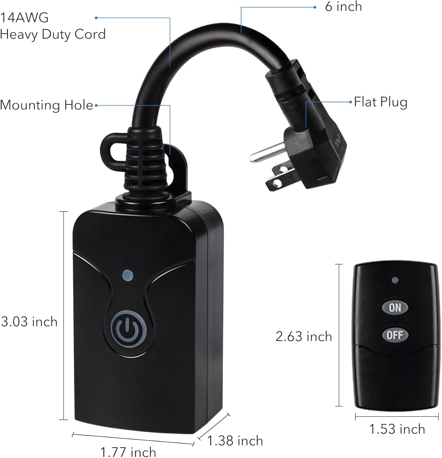 HBN Outdoor Indoor Wireless Remote Control 3-Prong Outlet Weatherproof Heavy Duty 15 A Compact 1 Remote 1 Outlet with Remote 6-inch Cord 100ft Range ETL Listed (Battery Included)