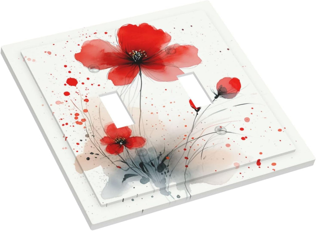 Vintage Watercolor Red Flowers Floral Decorative Switch Plates 2 Gang Double Toggle Outlet Light Switch Cover Wall Plate Electrical Faceplate for Bedroom Bathroom Decor