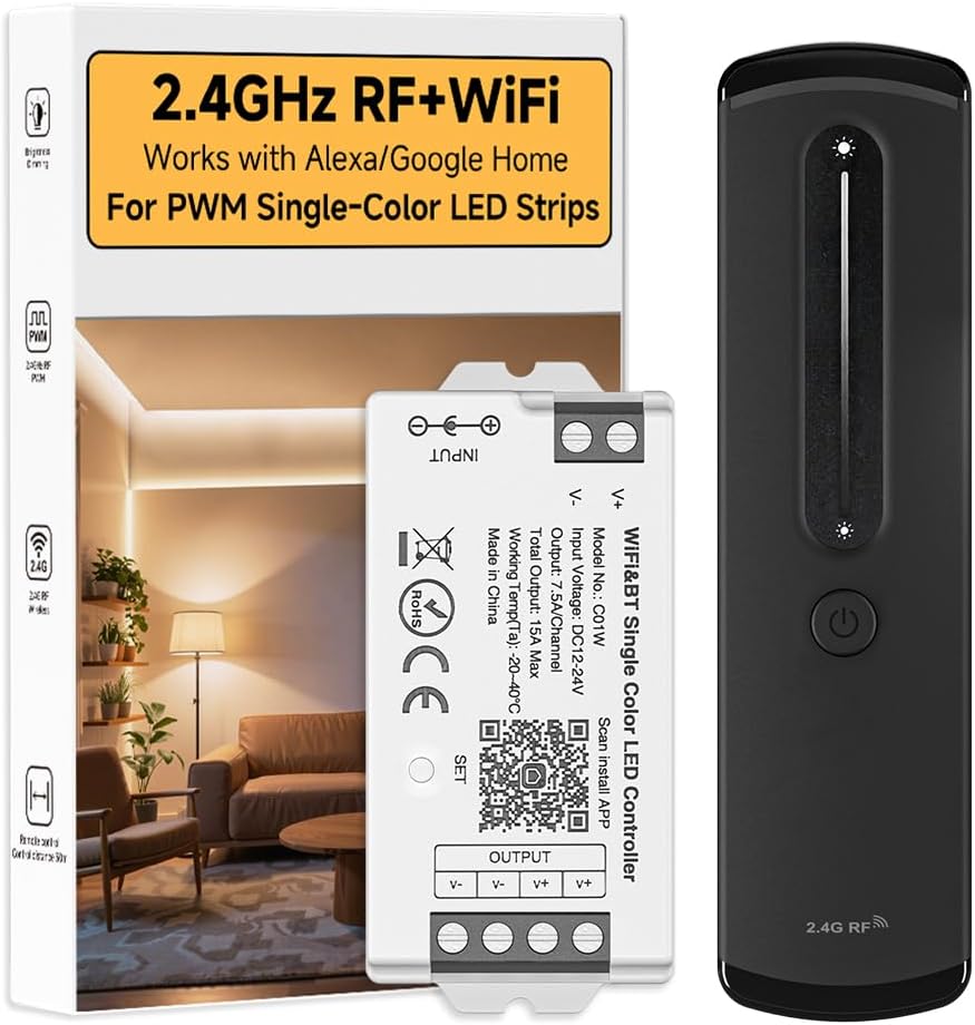 BTF-LIGHTING RF 2.4GHz Wireless Remote RC07RFB & C01W 2.4GHz Tuya WiFi Controller Kit Alexa Google Home APP Control Dimming for Single Color PWM 5050SMD FCOB (+V -V) 2PIN LED Strip DC12V DC24V