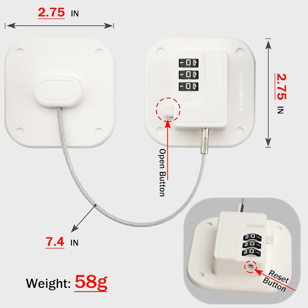 Refrigerator Lock, Heavy Duty Fridge Lock, Combination Lock for Fridge, Cabinets, Window, Drawers and Child Safety Cabinet Locks, No Drilling, Easy Install, No Keys Needed, 2 Pack, White