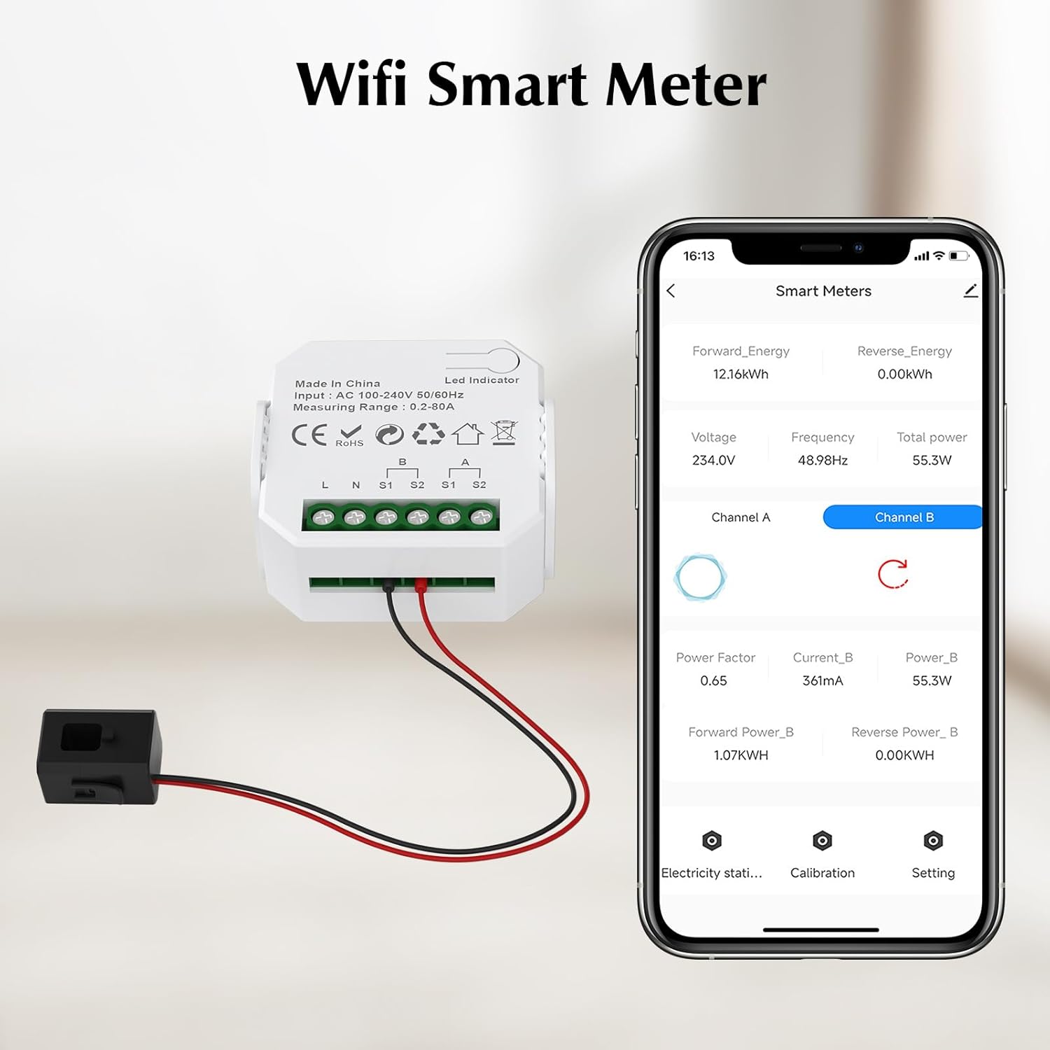 eMylo 1-Channel WiFi Power Meter 80A Smart Energy Monitor, Clamp-on Ammeter, 2.4GHz WiFi, Real-time Monitoring, Smart Life/TUYA APP, Home Power Monitor, Compatible with Alexa and Google Assistant