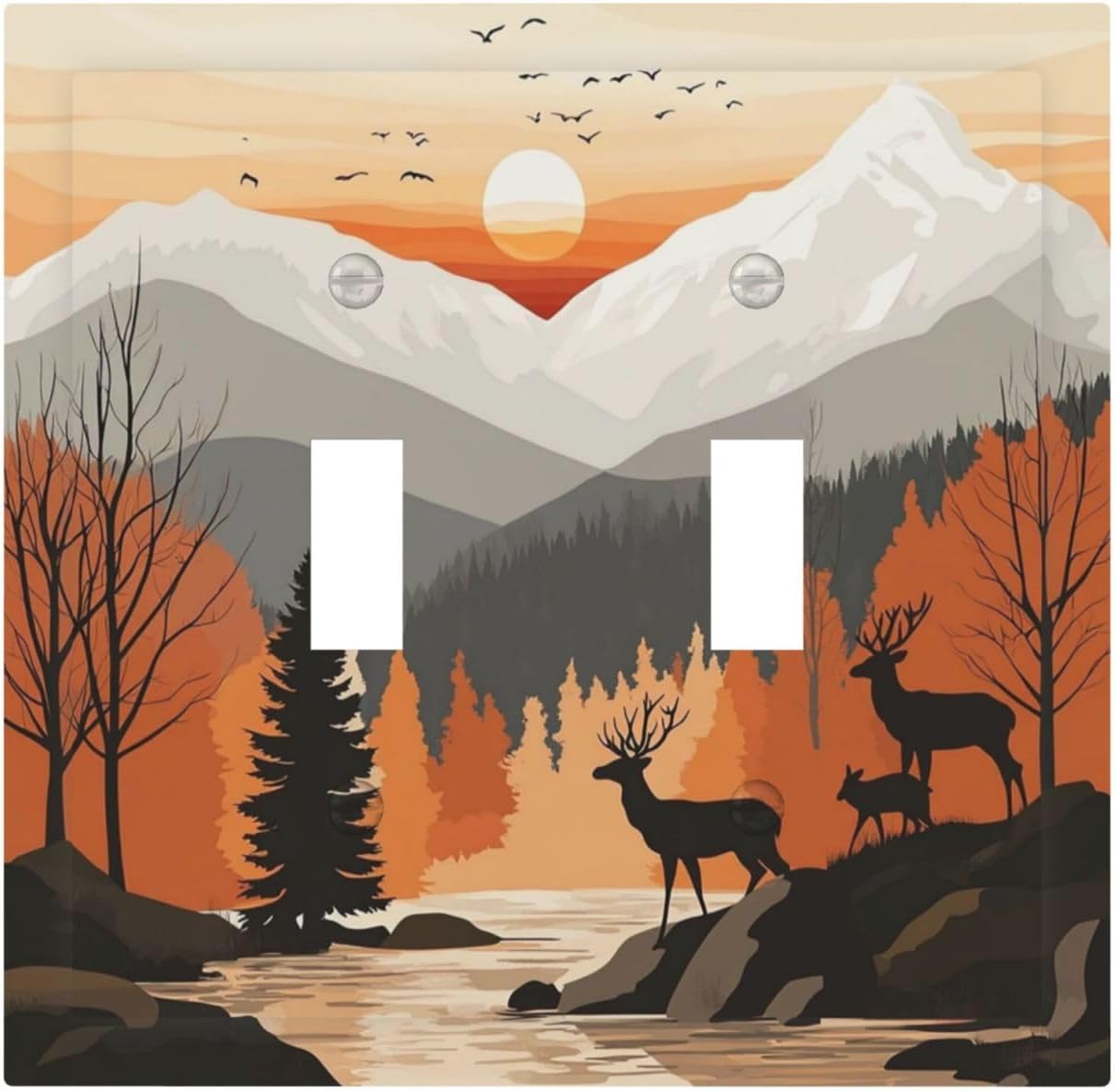 Sun Forest Deer Snow Mountain River Decorative Switch Plates 2 Gang Double Toggle Outlet Light Switch Cover Wall Plate Electrical Faceplate For Bed Room Living Room Decor