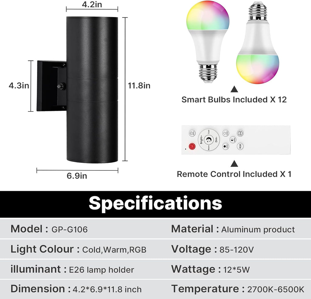 RGBCW Outdoor Wall Light 6 Pack, Smart Porch Light Dusk to Dawn Lighting with Remote Control, WiFi Outdoor Wall Sconce, Compatible with Alexa, Exterior Lights for House Porch Garage