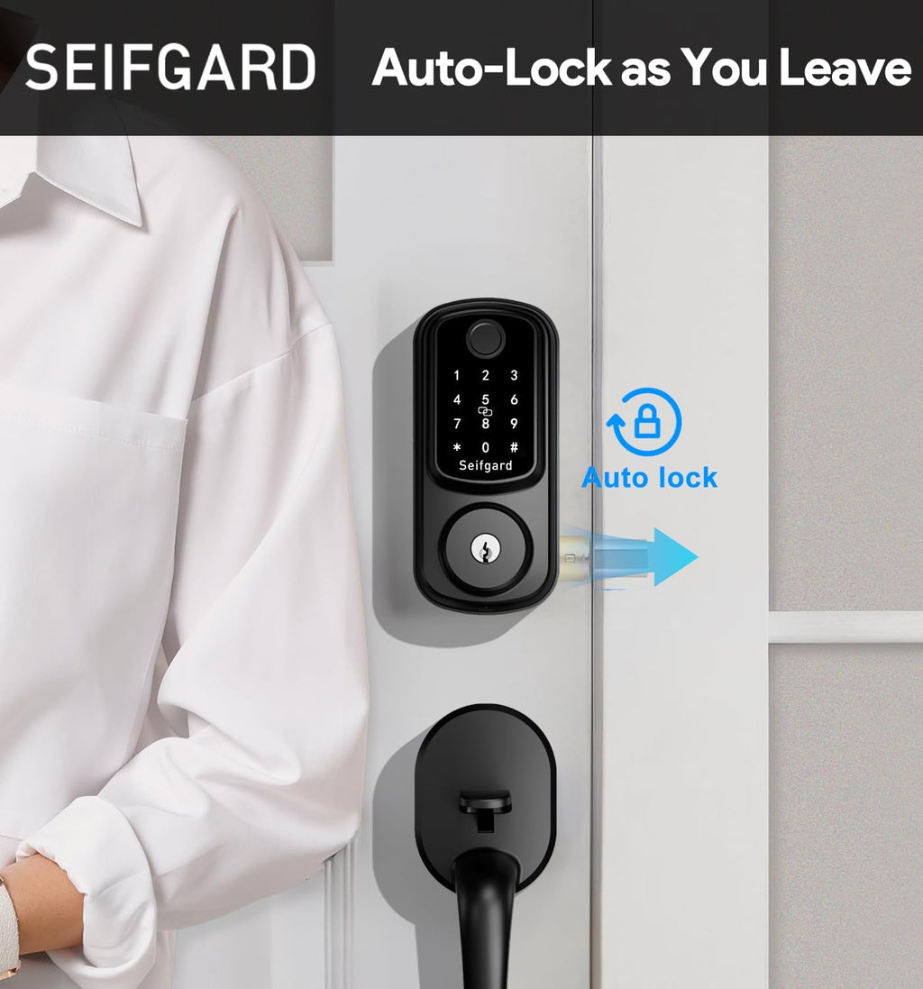 Keyless Entry Door Lock with Handle Set, Smart Door Lock for Front Door with Woodworking Flat Wing Drill, Electronic Keypad Deadbolt Lock, Auto Lock Compatible with Alexa, Black