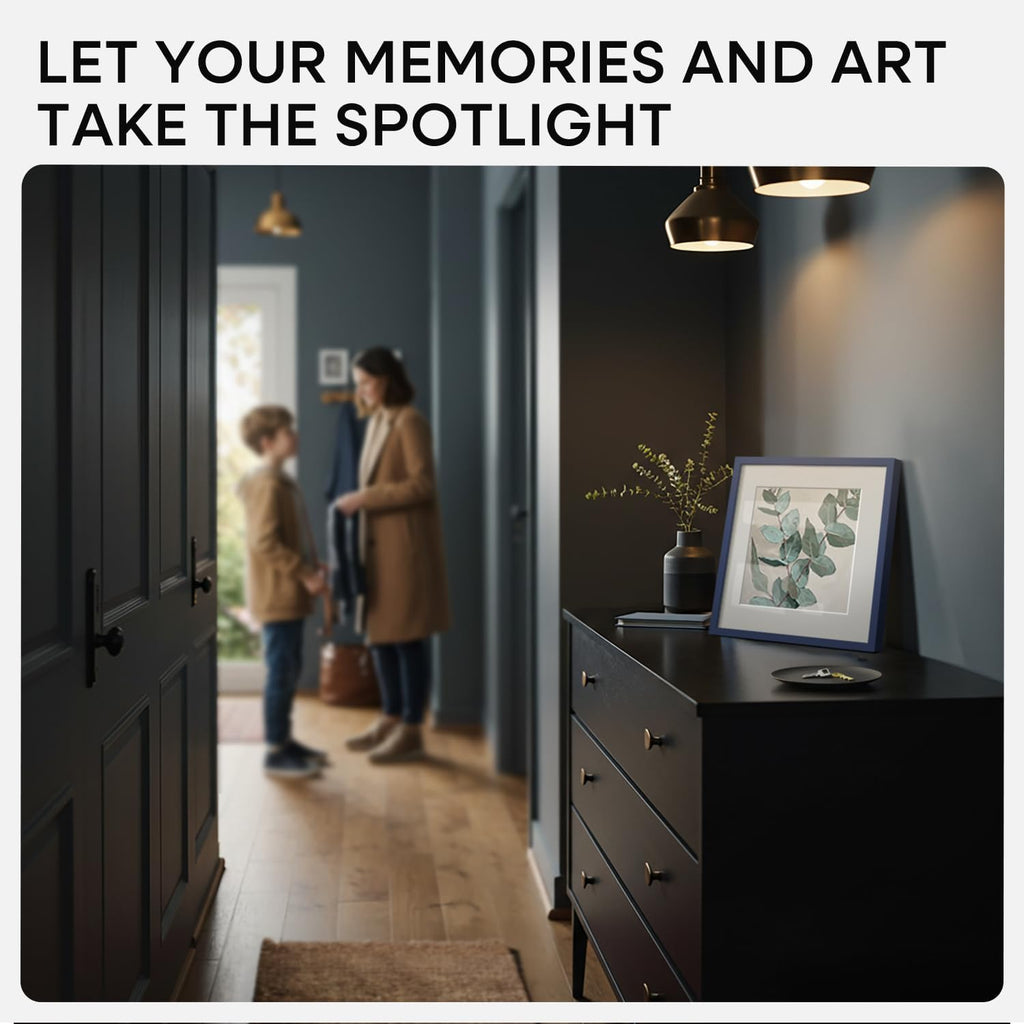 Homeforia Navy Blue Frame 8x8, High End Metal 8 x 8 Square Picture Frames with Mat 6 x 6 Art, 8x8 Photo Frame Matted to 6x6 inch Print, 8by8 Wall or Tabletop Frames, Tempered Glass, Wall Kit, Set of 2
