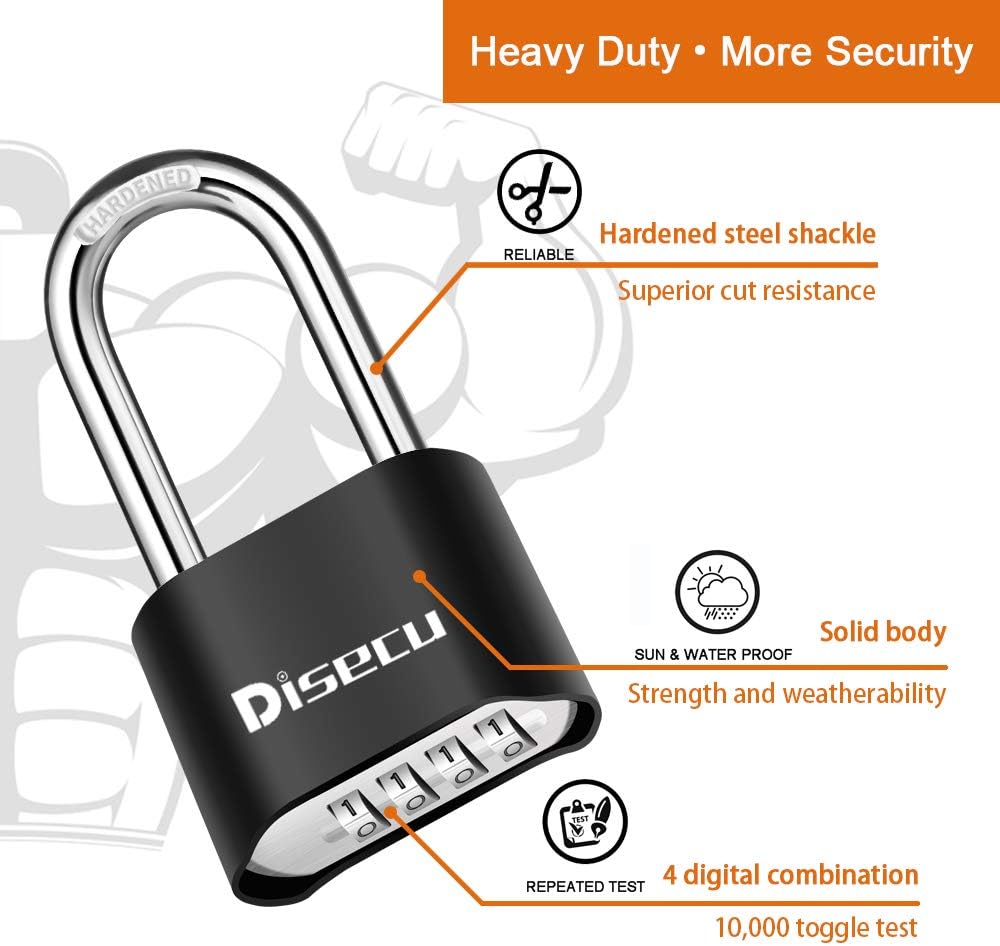 1 Pack disecu Heavy Duty 4 Digit Combination Lock, 2.5 Inch Long Shackle Outdoor Waterproof Padlock with Steel Cable for Bike, Gate, Fence (Black)
