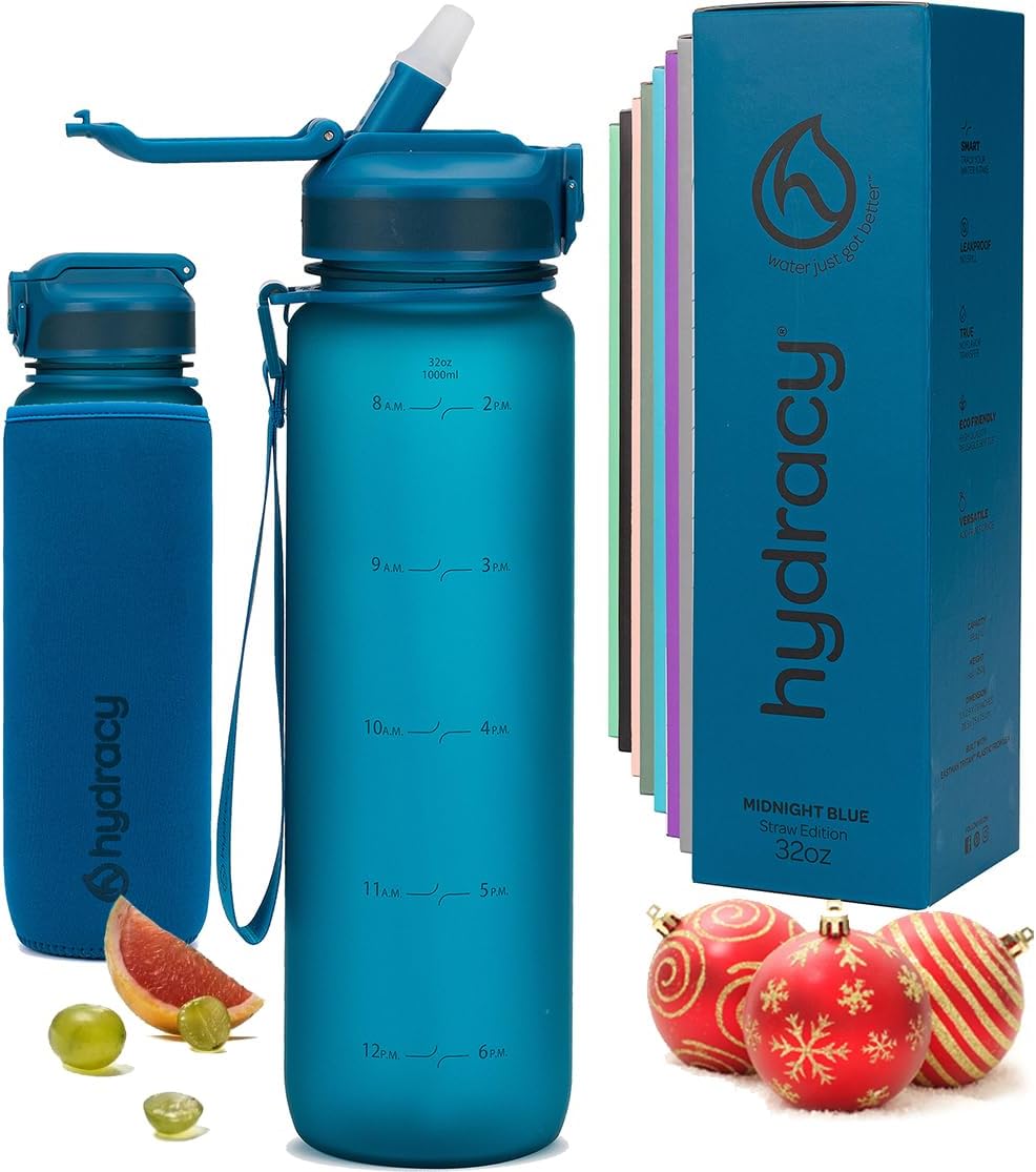 Hydracy Water Bottle with Time Marker -Large BPA Free Water Bottle & No Sweat Sleeve -Leak Proof Gym Bottle with Fruit Infuser Strainer & Times to Drink -Ideal for Fitness Sports & Outdoors