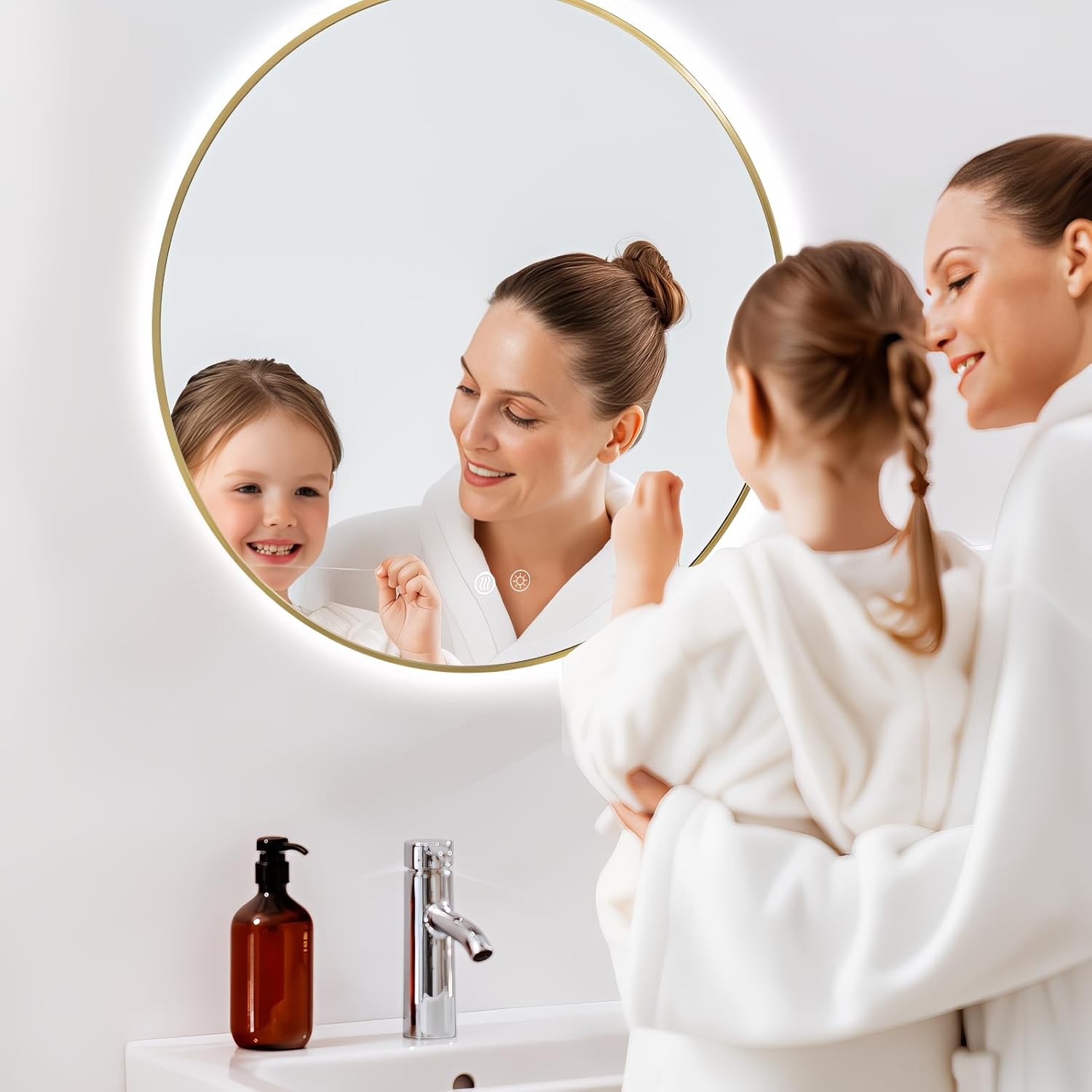 Niccy Round Led Mirror for Bathroom, 28" Backlit Mirrors for Wall Circle Lighted Mirror with Old Gold Frame Anti-Fog, 3 Colors, HD Glass and IP65 Waterproof