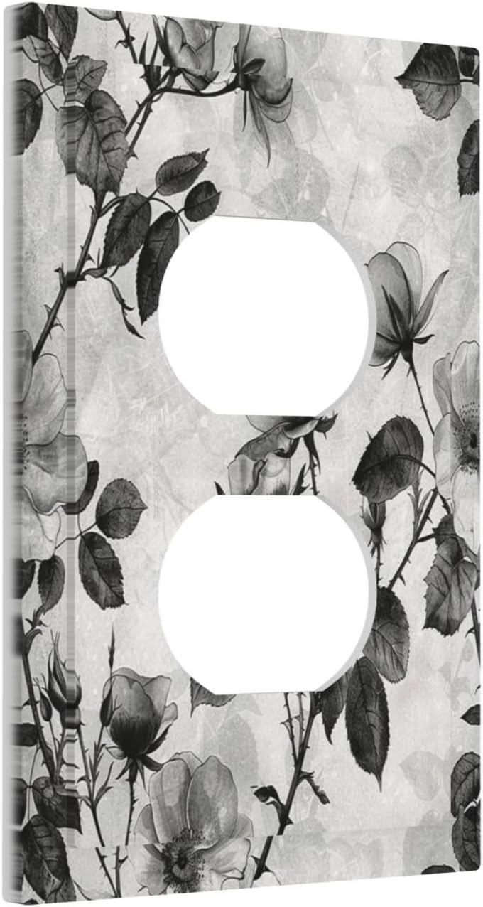 Outlet Covers Black Breezy Watercolor Garden Floral 1 Gang Duplex Wall Plate Decorative Switch Plates Electrical Receptacle Faceplate Light Switch Cover for Bedroom Home Decor