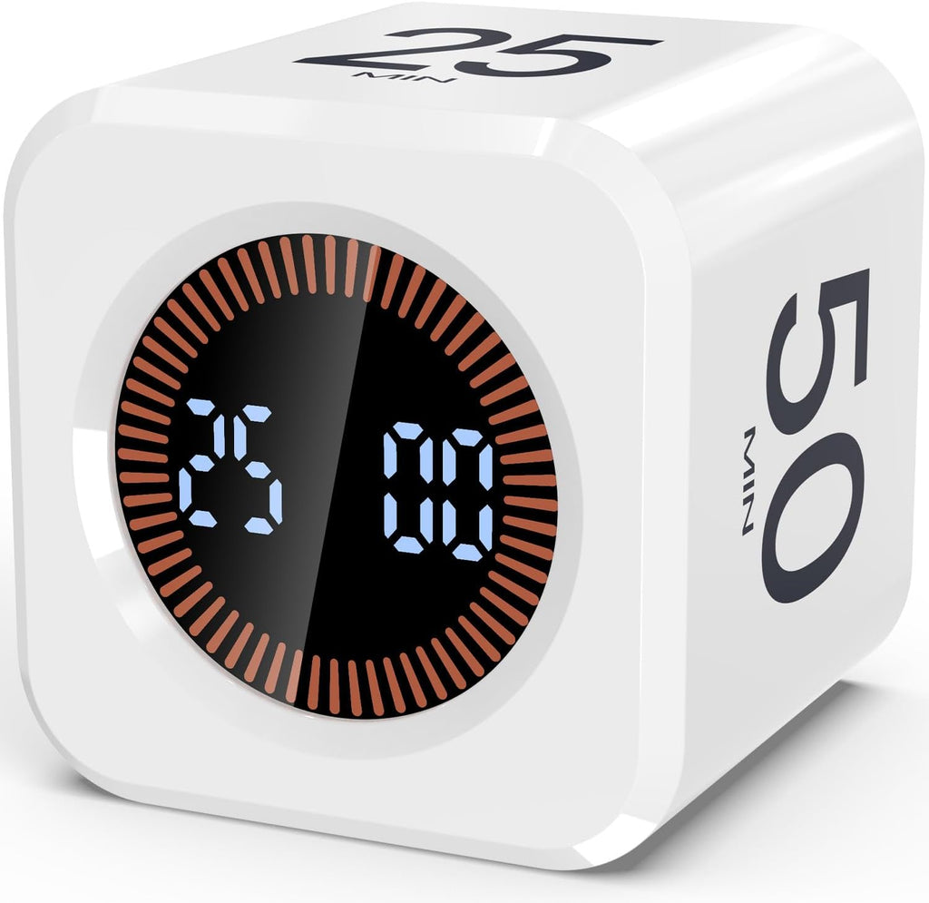 Pomodoro Timer Cube Visual Productivity Flip Timer for Kids Classroom Desk, 5/10/25/50min&Custom Countdown, Silent&Sound Mode Digital Cube for ADHD Study Work School Game Kitchen (White)