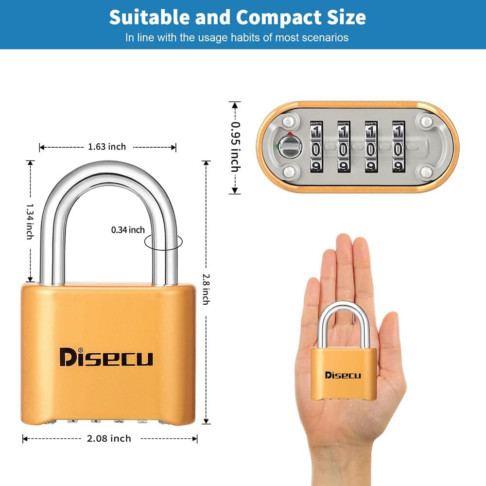 1 Pack disecu Heavy Duty 4 Digit Combination Lock, Anti-Error Feature, Outdoor Waterproof Padlock for School Gym Locker, Fence, Gate, Hasp Storage, Toolbox (Brass)