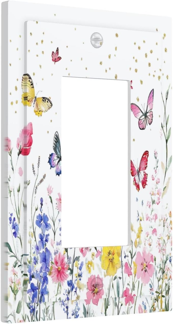 Decorative Outlet Covers Watercolor Floral Butterfly Colorful Wildflower 1 Gang Single Rocker Light Switch Cover Plate Wall Plates Gfci Faceplate For Bed Room Living Room Decor