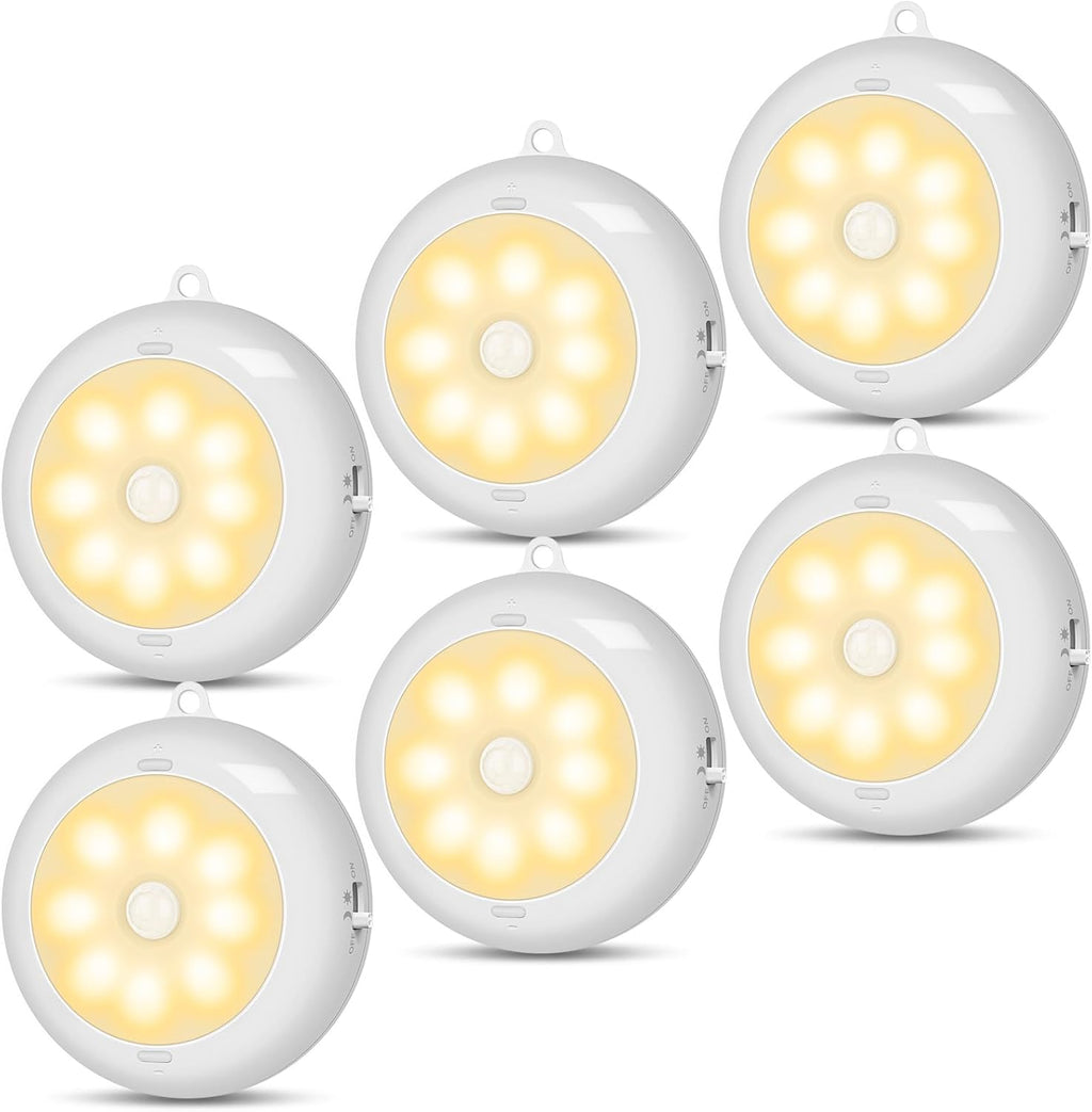 Under Cabinet Lighting, LED Puck Lights AA Battery Operated, Closet Lights Motion Sensored for Kitchen, Shelf, Dimmable & Magnetic, 3000K Warm White (6 Pack)