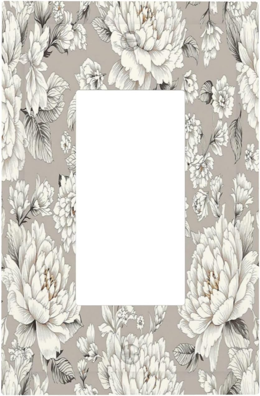 White Poppies Floral Modern Grey Peonies Flowers Decorative Outlet Covers 1 Gang Single Rocker Light Switch Cover Plate Wall Plates GFCI Faceplate for Bedroom Bathroom Decor