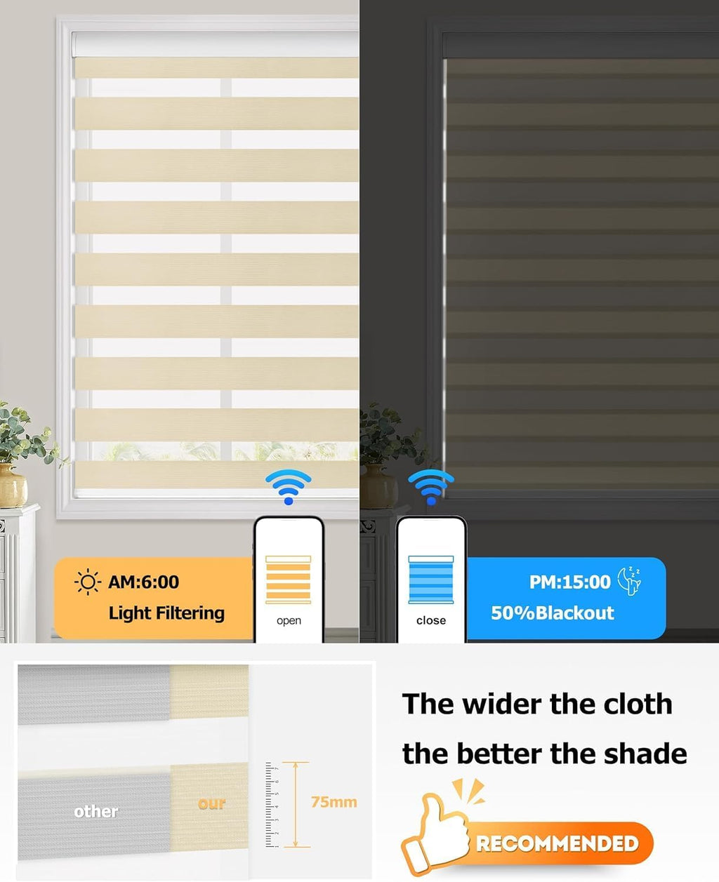 LazBlinds Motorized Zebra Roller Shades, Rechargeable Smart Blinds with Remote Control, Custom Size Light Filtering Dual Layer Roller Sheer Shades, Beige