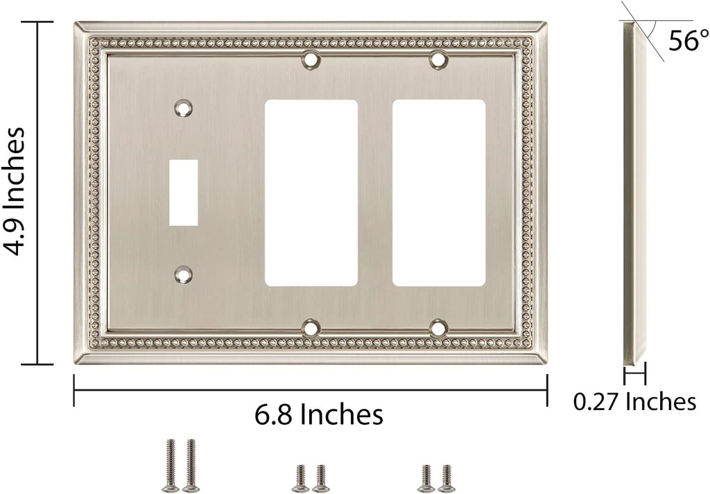 Henne Bery Sunken Pearls Heavy Duty Decorative Wall Plate Switch Plate Outlet Cover (Single Toggle/Double Decorator, Satin Nickel)