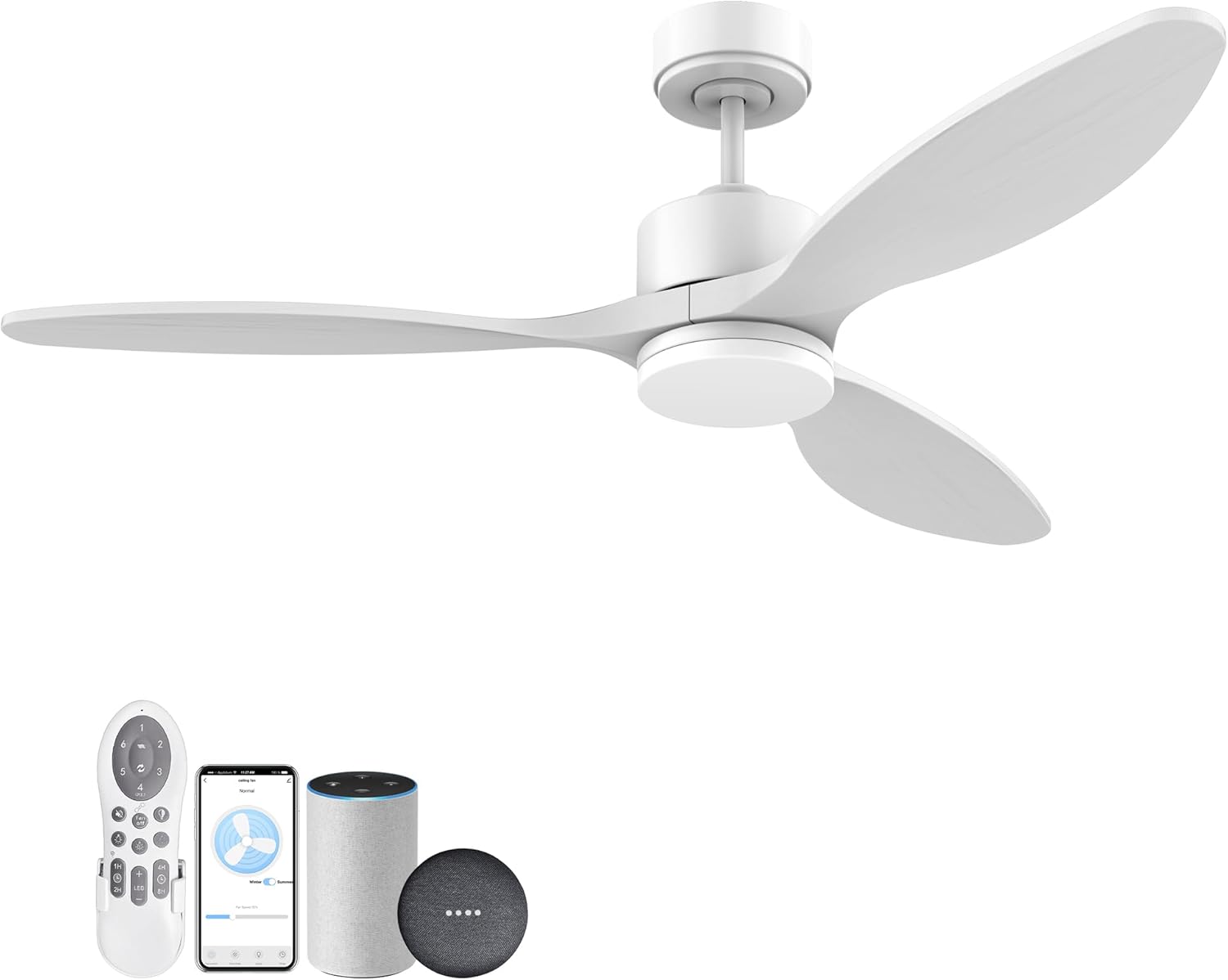 cumilo 52" Smart Wood Ceiling Fans with light and Remote,Dimmable LED Light,Quiet DC Motor,Control with Alexa Google Voice App,Outdoor Indoor Modern Ceiling Fan for Bedroom Patio,White