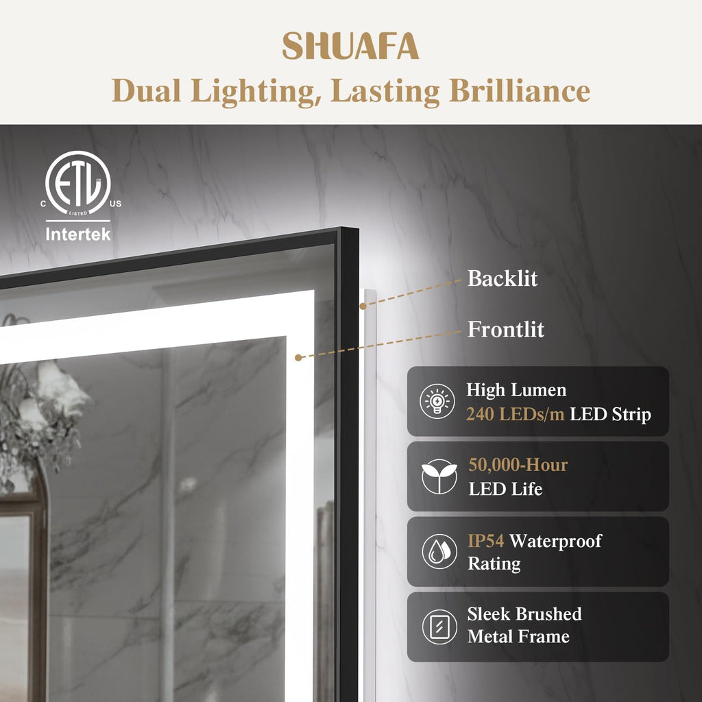 40X32 Inch LED Bathroom Mirror with Lights, Black Frame Frontlit+ Backlit Bathroom Vanity Mirror for Wall, Ultra-Clear Tempered Glass, Shatter-Proof, Anti-Fog and Memory Function, ETL Listed