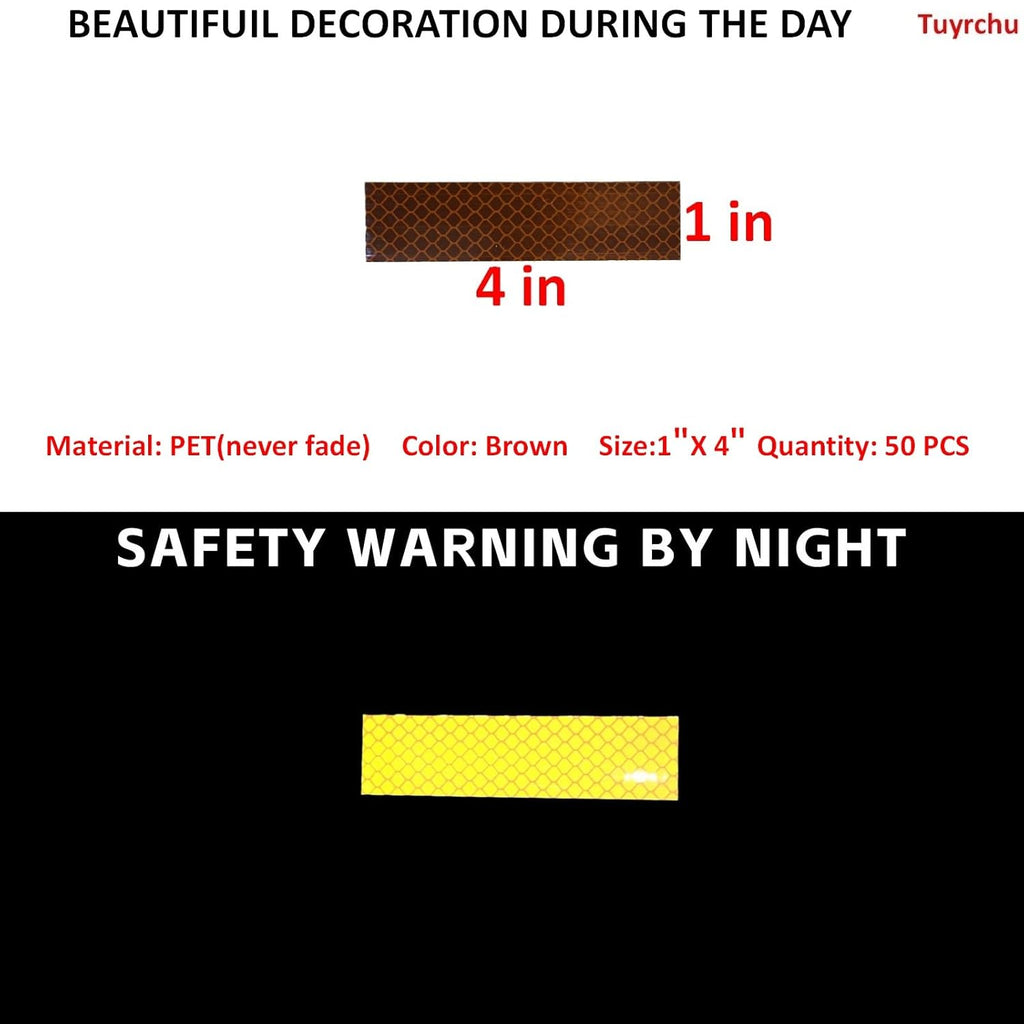 Non Fading Brown Reflective Stickers 1 inch X 4 inch, Outdoor Waterproof High Visibility Warning Safety Adhesive Reflector Tape (50 Pcs)
