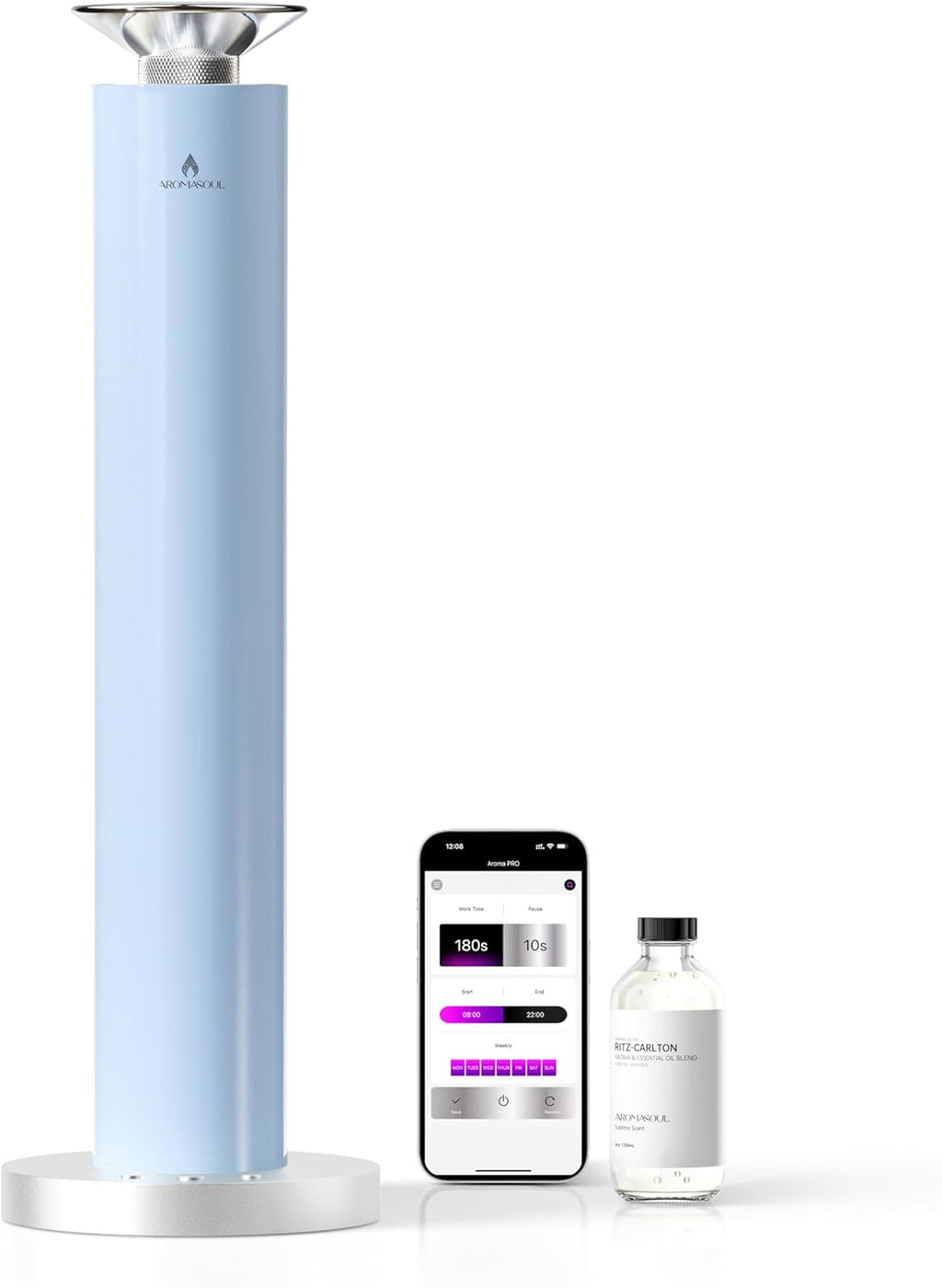 Waterless Scent Diffuser Starter Kit - Alloy Atomization System, Smart Rechargeable Hotel Scent Diffuser, 1500 Sq Ft Coverage, Including 120ml Essential Oil, for Home, Large Room, Spa, Pastel Blue