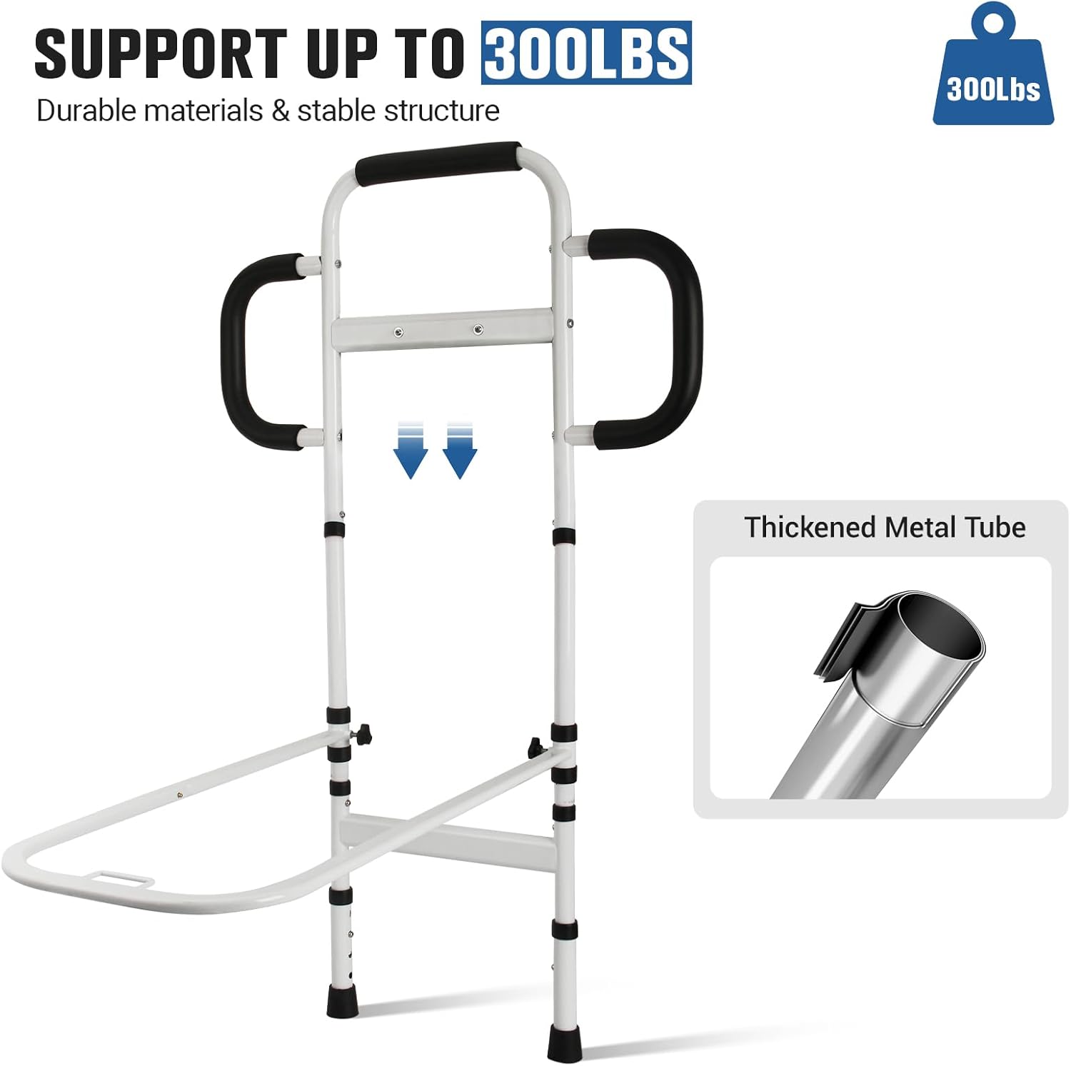 Three Grab Bars Bed Rails for Elderly Adults Safety, Bed Assist Rail with Leg, Adjustable Bedside Handle for Seniors Fall Prevent Bed Cane, Medical Bed Rail Fits Queen, King, Full, Twin