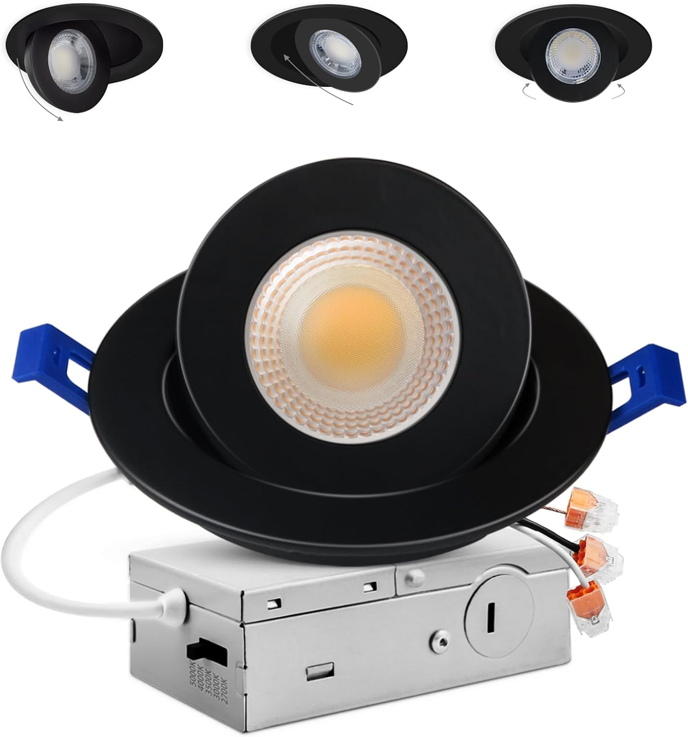Adetu 4 inch 5CCT Gimbal Black Led Recessed Lights, 360°+90° Adjustable Directional Recessed Lighting, 2700K-5000K Dimmable Retrofit Eyeball Can Lights with Jbox, ETL&Energy Star(Black,1 Pack)