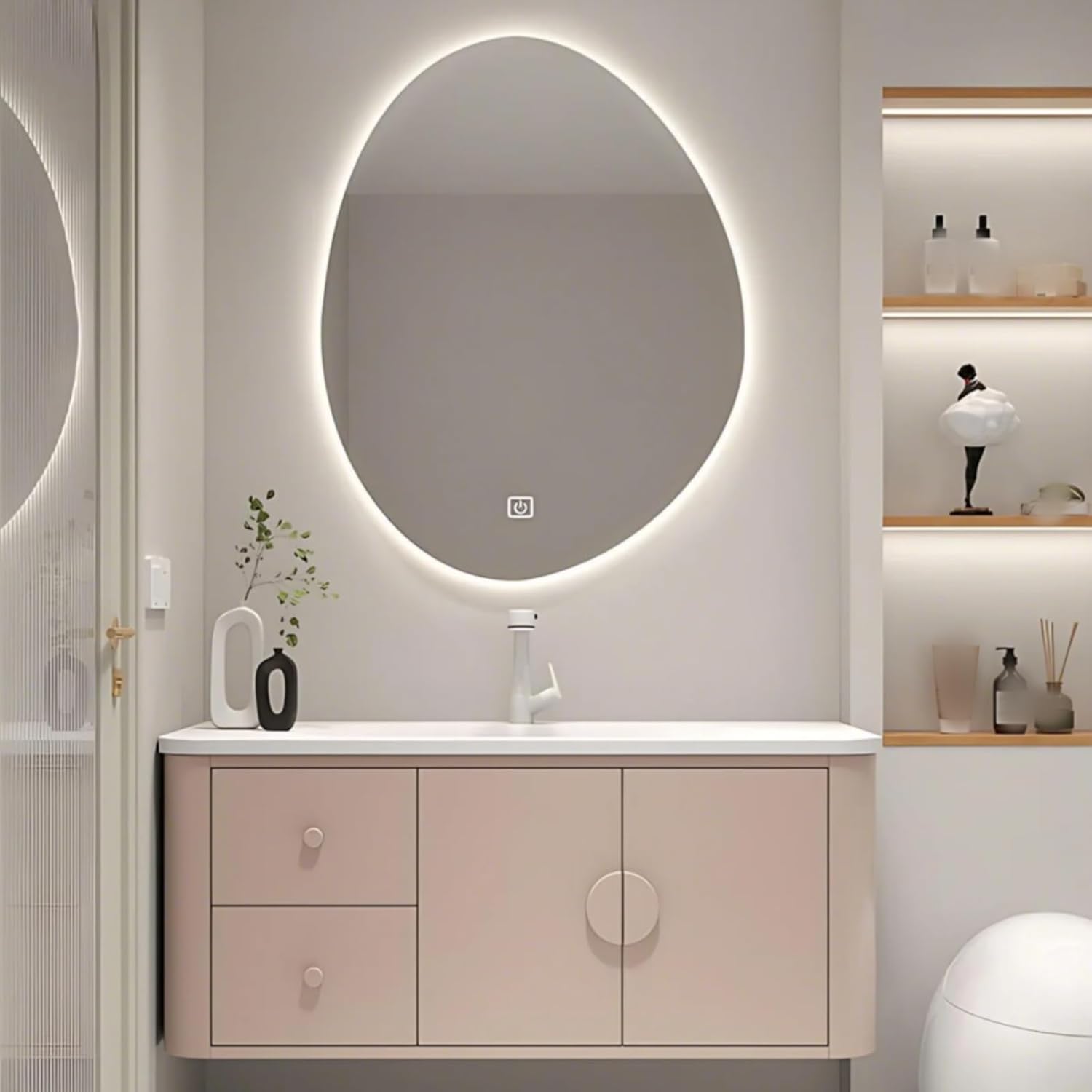 44IN Pink Modern Bathroom Vanity - Bathroom Vanities Set with 2 Drawers Wall Mounted | Rounded Corner Smart Defogging Mirror Cabinet with Lighting & Time Display, Side Opening Storage Shelf (Style B)