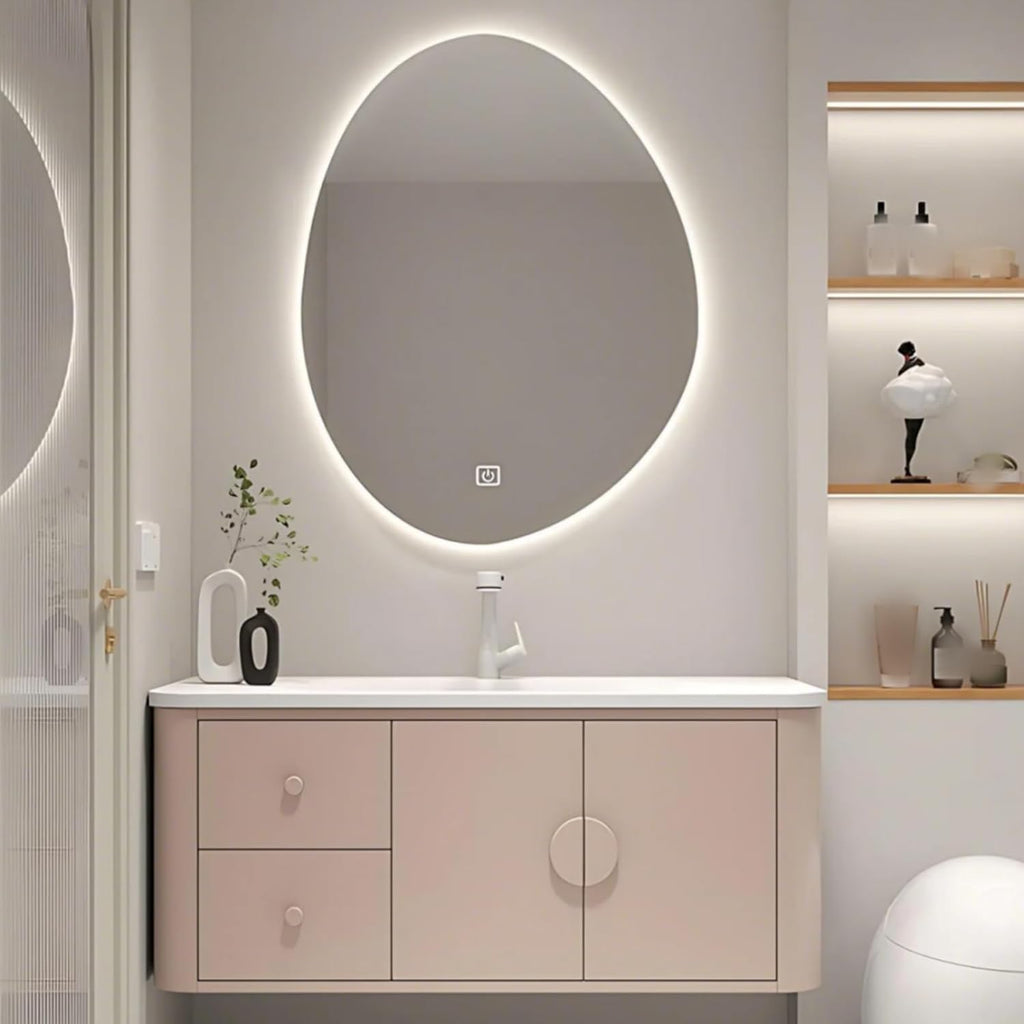 36IN Pink Modern Bathroom Vanity - Bathroom Vanities Set with 2 Drawers Wall Mounted | Rounded Corner Smart Defogging Mirror Cabinet with Lighting & Time Display, Side Opening Storage Shelf (Style B)