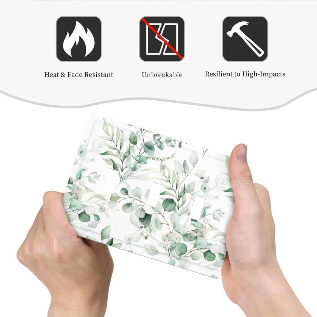 Boho Green Eucalyptus Leaf Floral Plants Flowers Decorative Switch Plates 3 Gang Wall Plate Triple Toggle Light Switch Cover Faceplate Electrical Wall Panels for Bed Room Living Room Decor