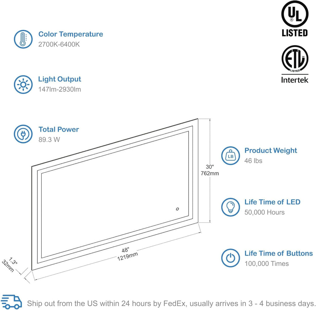 Blossom 48X30 LED Bathroom Mirror with Lights, Anti-Fog, Dimmable, Backlit & Front Lit, Lighted Bathroom Vanity Mirror for Wall, Memory Function, Waterproof, Tempered Glass, Smart Vanity Makeup Mirror