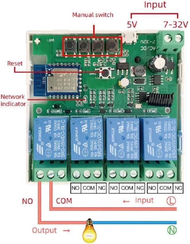 Tuya 4CH Smart Life WiFi Momentary Inching Relay Self-Locking Switch Module,DC/AC 7-32V/USB 5V WiFi RF Bluetooth Relay, Compatible with Alexa Goolge Home