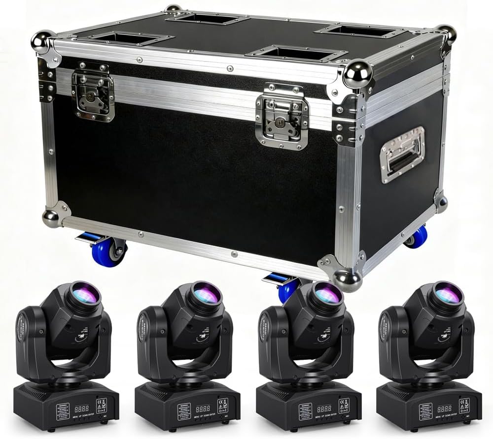 MINGJIE 60W LED Moving Head Stage Lights with DMX512 Control - 8 Gobos & 8 Colors, Sound Activated, 540° Pan & 270° Tilt, Compact DJ Light for Wedding, Party Stage Lighting (Flight case + 4 Lights)