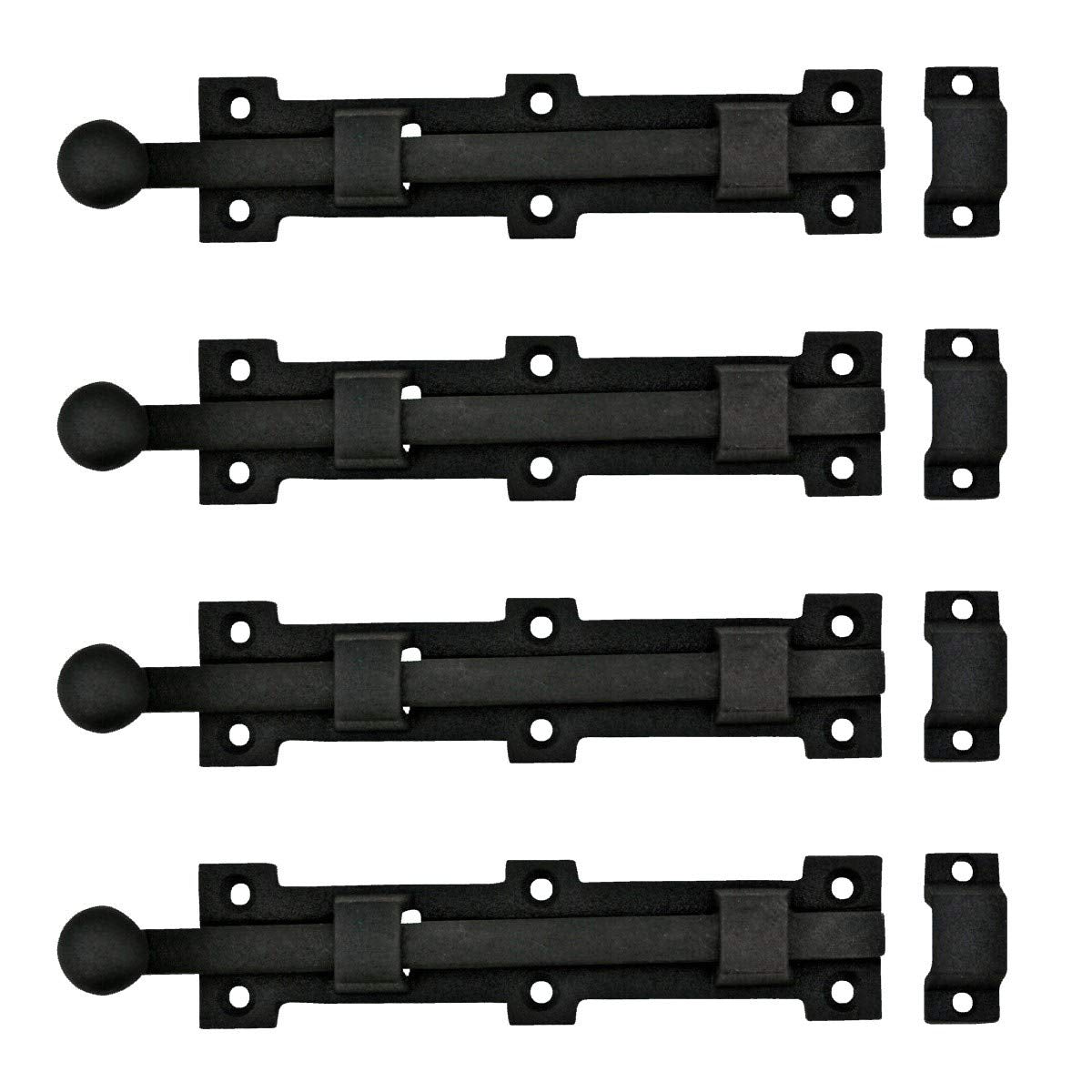 Renovators Supply Manufacturing Offset Slide Bolt Latch 8 3/4 in. Black Wrought Iron Ball Tip Styled Slide Bolt with Mounting Hardware Pack of 4