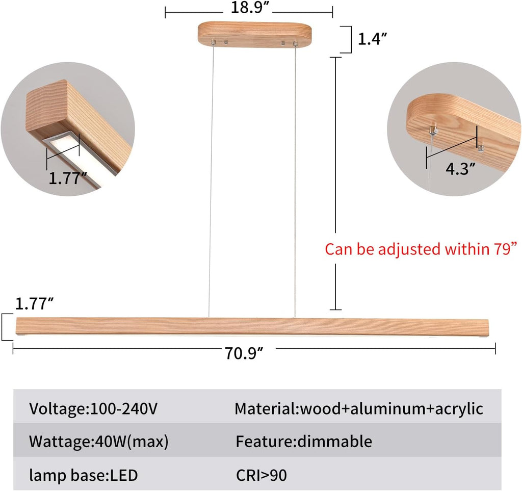 71" 40W Wood Linear Pendant Light Fixture Led Dining Room Light Dimmable Hanging Light Fixture for Kitchen Island Dining Room Pool Table Lights Natural