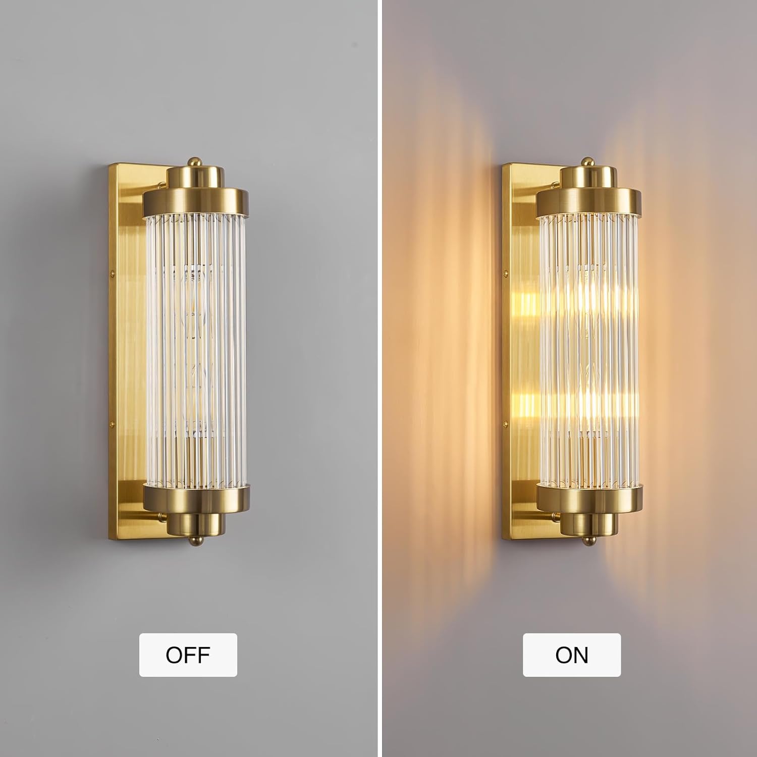 Gold Wall Sconces with Crystal Glass Strip Bathroom Sconces Modern Wall Lights for Bedroom Living Room Hallway Wall Light Fixtures, 2 Light E12 Base