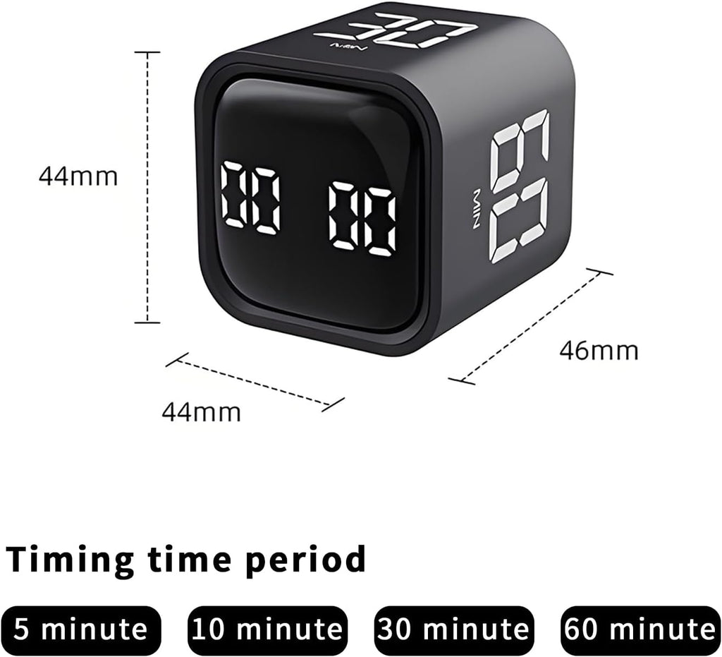 Pomodoro Timer, Cube Productivity Timer with Adjustable Sound and Vibration Alert, Ideal for Work, Office, ADHD, Study, and Tasks - 5/10/30/60 Minutes & Custom Countdown - Black