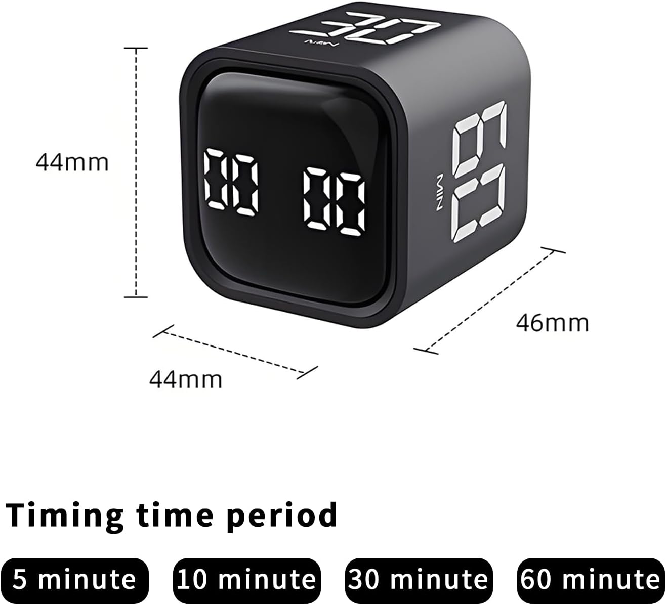 Pomodoro Timer, Cube Productivity Timer with Adjustable Sound and Vibration Alert, Ideal for Work, Office, ADHD, Study, and Tasks - 5/10/30/60 Minutes & Custom Countdown - Black