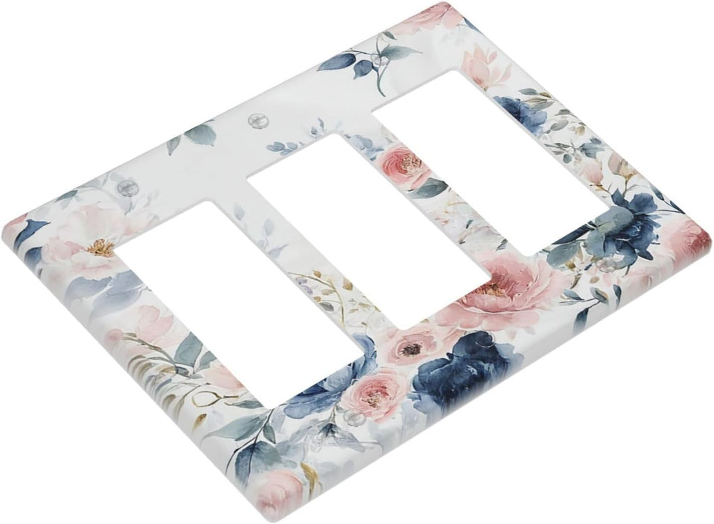 Elegant Watercolor Pink Blue Flowers Floral Triple Rocker Light Switch Covers 3 Gang Outlet Cover Wall Plates Decorative Switch Plates Electrical GFCI Faceplate Switchplate for Home 4.49 X 6.38 IN