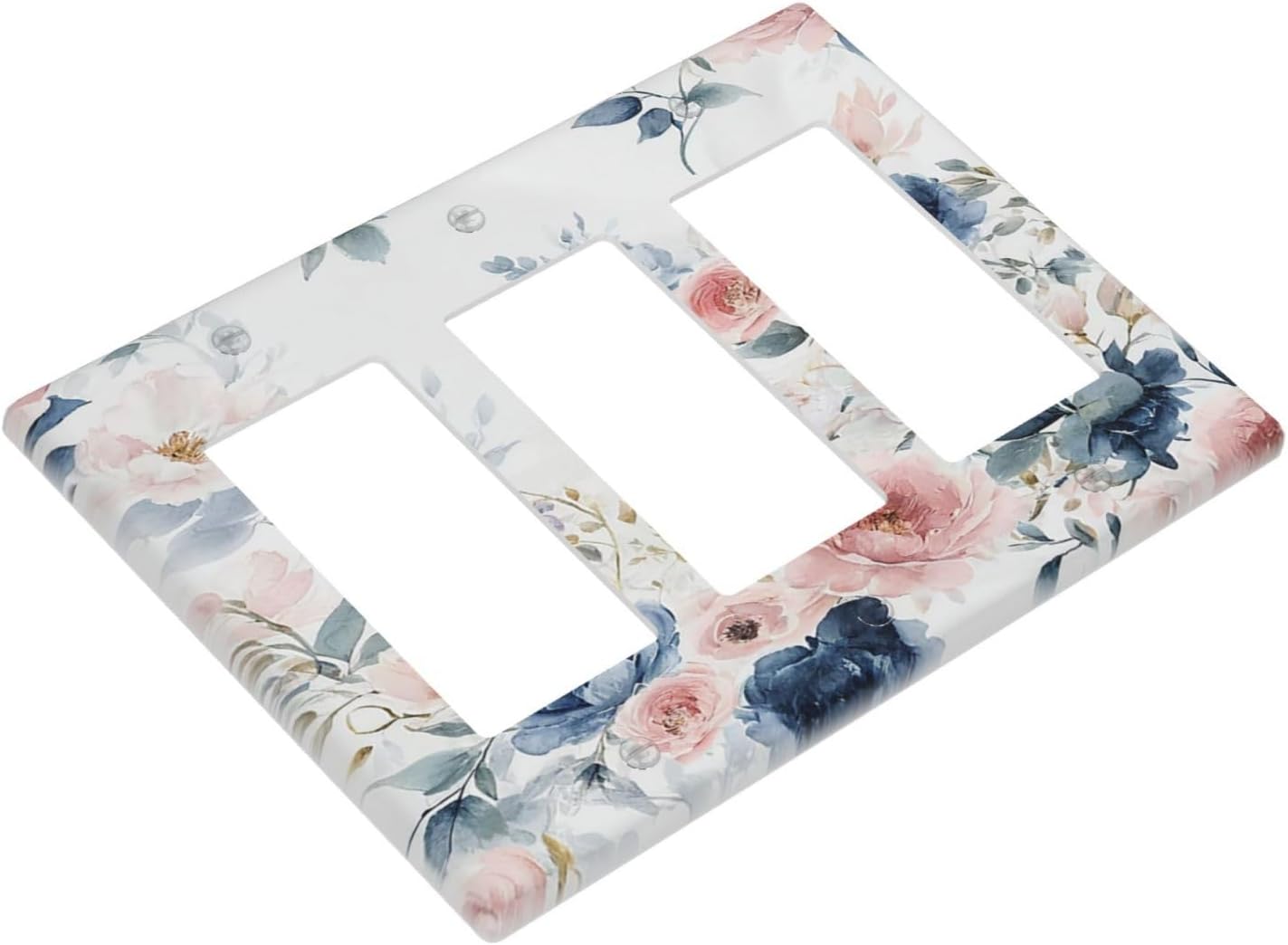 Elegant Watercolor Pink Blue Flowers Floral Triple Rocker Light Switch Covers 3 Gang Outlet Cover Wall Plates Decorative Switch Plates Electrical GFCI Faceplate Switchplate for Home 4.49 X 6.38 IN