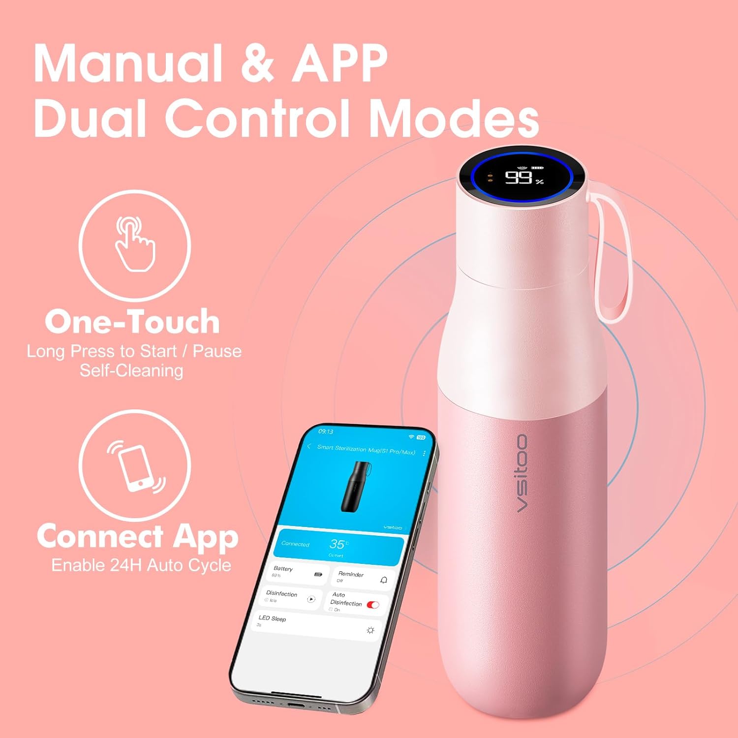 VSITOO 15oz Smart Self Cleaning Water Bottle，Insulated Water Bottle with Stainless Steel, BPA-Free, AI Self-Clean, 30-Day Battery, Magnetic Charging for Travel, Gym or Office, Pink