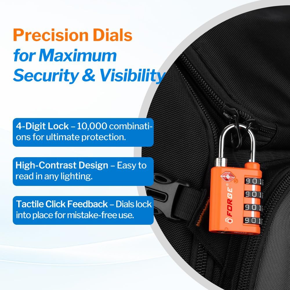 Forge Dual-Opening: Key or Combination Lock, TSA Approved Lock for Luggage, Pelican case, Travel, Gym, School, Luggage Combination Lock, Travel Bag Lock (Orange 2 Pk)
