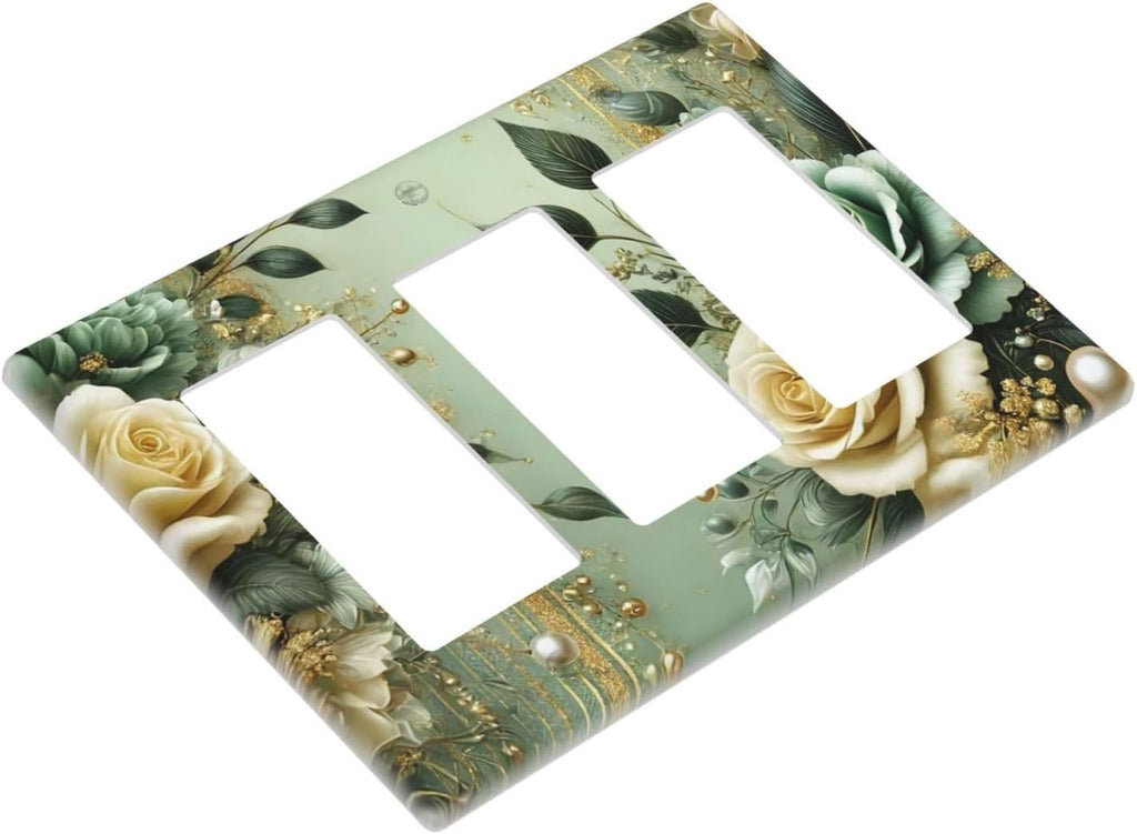 Decorative Outlet Covers Rustic Green Floral Leaves Teal Flowers Gold Stripe 3 Gang Wall Plate Triple Rocker Light Switch Cover Plate Jumbo Electrical GFCI Faceplate