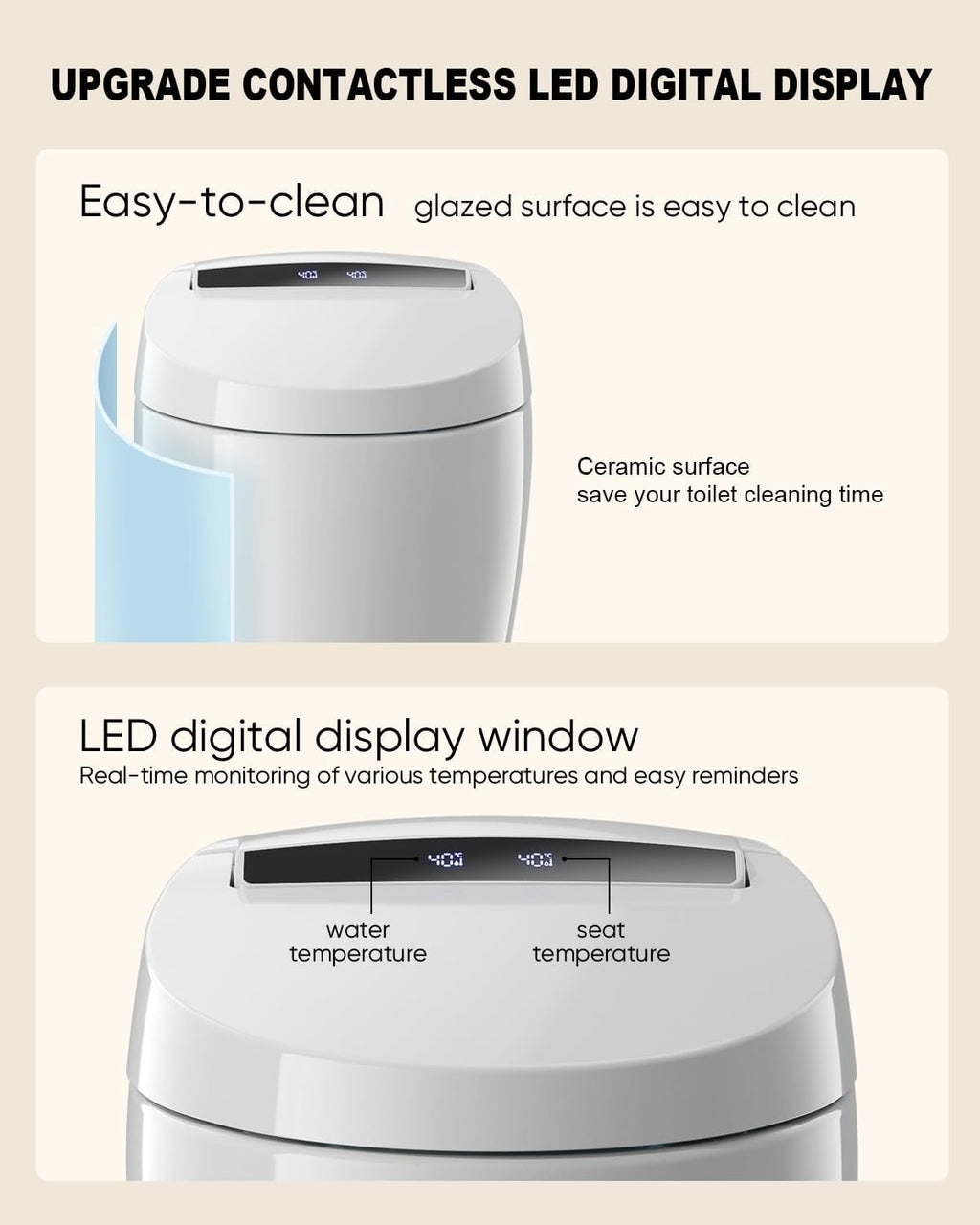 TDH Smart Toilet, Tankless Toilets with Foot Sensor Operation, Heated ToiletSeat with Warm Water Sprayer and Dryer, LED Display with Fahrenheit, Round Toilet Seat