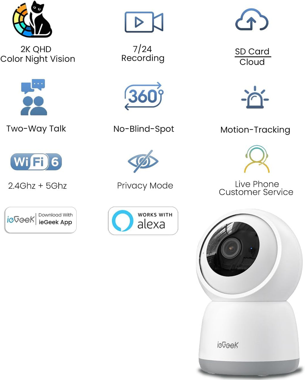 ieGeek 2K Indoor Home Security Cameras，360° Pet Camera with Auto Tracking, Motion & Sound Detection，3MP Night Vision, 2.4G/5G WiFi Dog Camera with Phone App, Cloud & Memory Storage, Works with Alexa
