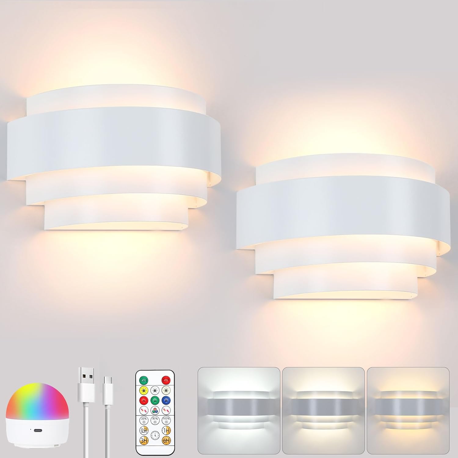Lightess Battery Operated Wall Sconces Set of 2, Dimmable Rechargeable Wall Lights with Remote Control, Sconces Wall Decor Set of 2 with Bulbs for Bedroom Living Room, White