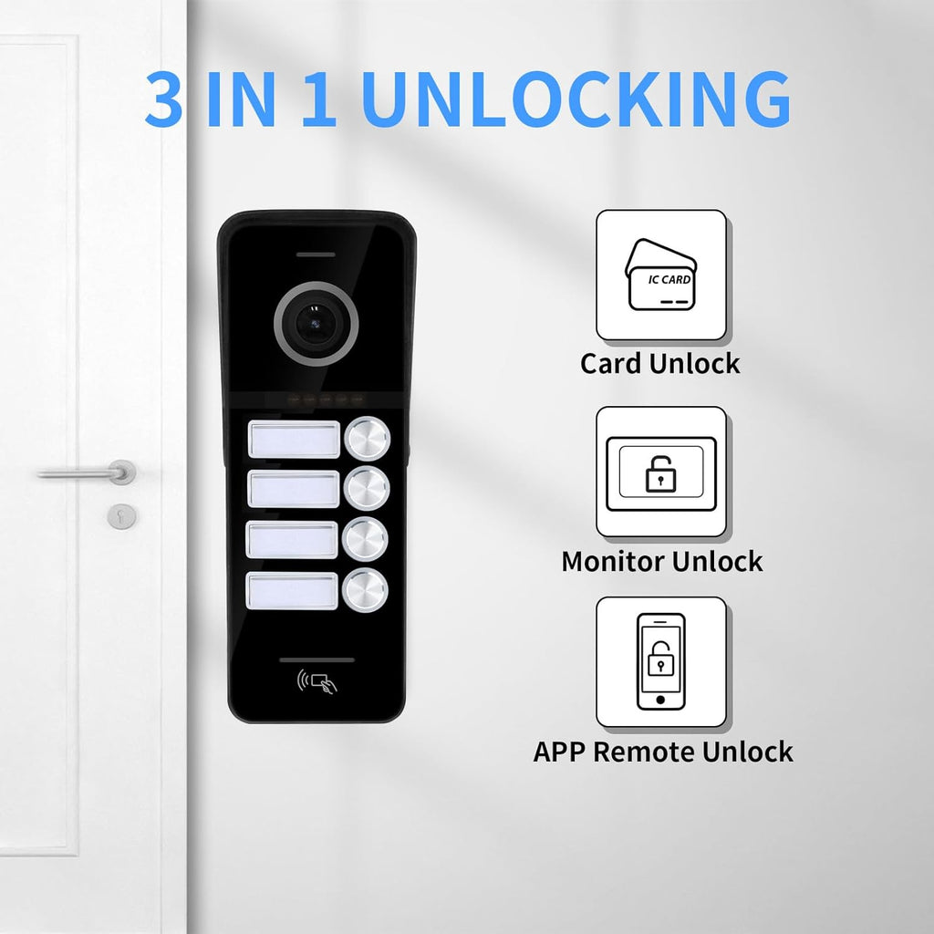 ANJIELO SMART Wired Video Doorbell Apartment Intercom System,4 Family Units 10 Inch Touch Monitor,3 in 1 Unlocking,Dual Way Intercom Motion Detection Tuya for Villa Home (1 Doorbell(b)+ 4 Monitor(b))